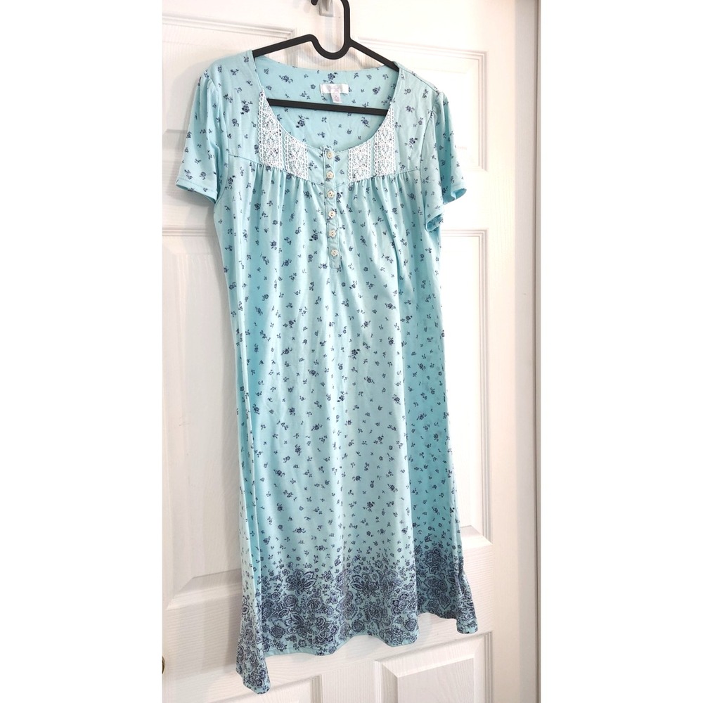 Secret Treasures Blue Floral Lace Trim Nightgown Sleepwear Sz M (8-10) Lounge